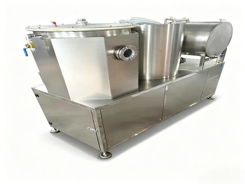 BW-100L solvent recycle machine rear view, stainless steel housing with vacuum barrel, observation windows and adjustable feet for flexo plate making